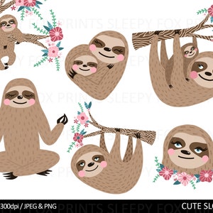 May include: Six digital illustrations of cute sloths in various poses. One sloth is meditating, another is hanging upside down, and another is holding a baby sloth. The sloths are brown with pink cheeks and have big, black eyes. The illustrations are surrounded by pink flowers.