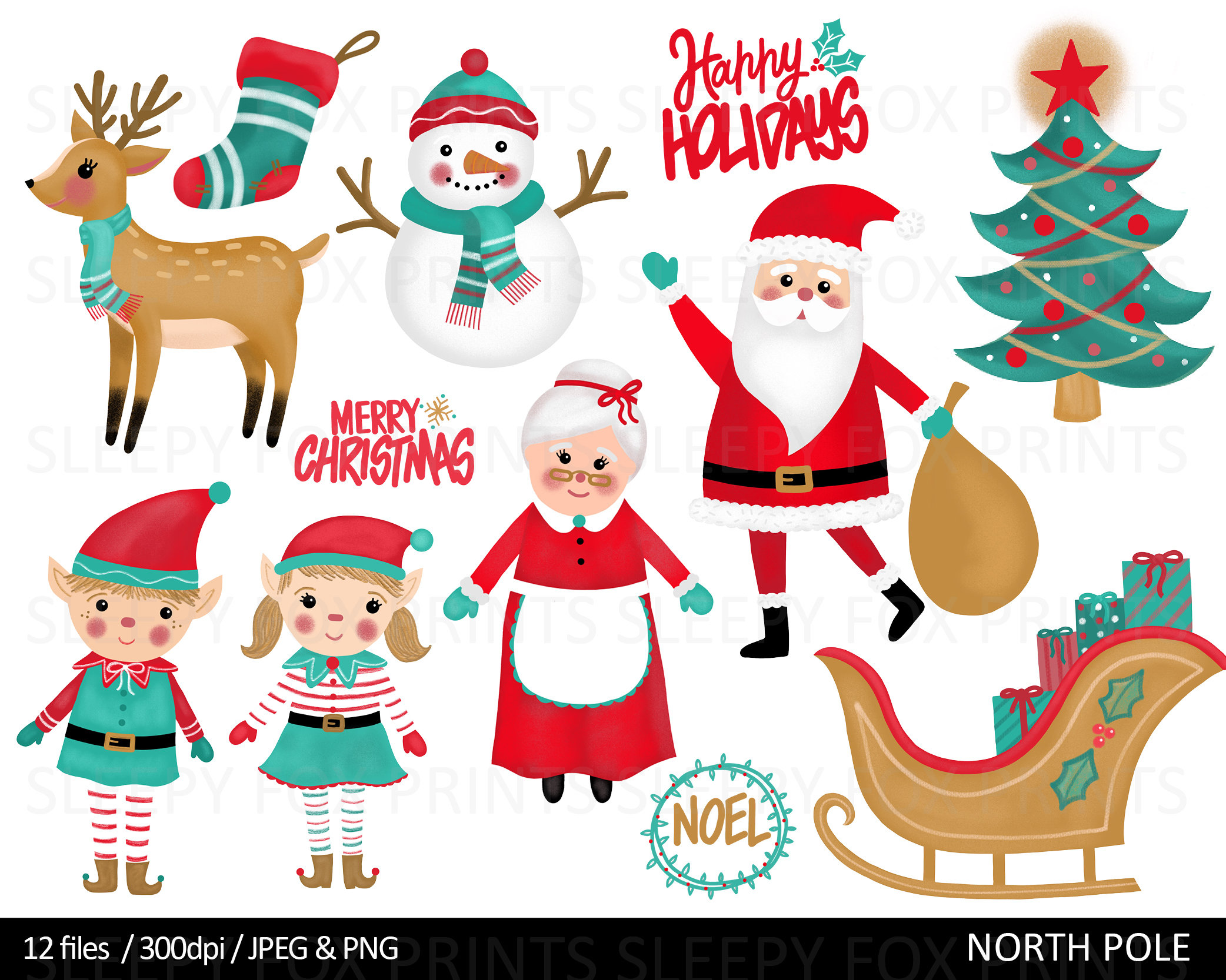 Christmas Santa Clip Art, Xmas Clipart, Traditional Snowman Elves Elf