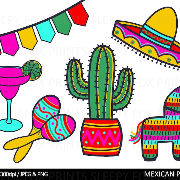Mexican Fiesta Party Clip Art, Mexico Clipart, Cactus, Cocktail, Sombrero Maraccas Pinata, Bunting, cactus prints - Digital Instant download