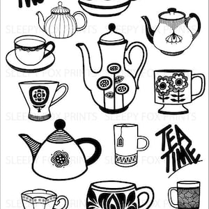 May include: A set of 15 black and white illustrations of teacups, teapots, and tea-related items. The illustrations are in a vintage style and feature floral designs. The text "Tea for Two" and "Tea Time" are included in the image.