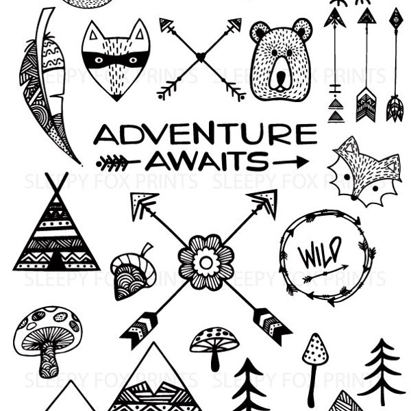 Wild Woodland Clipart, Wilderness,Arrows, Feather, Bear, Mountain, Tribal, Hipster, Clip Art, Adventure, Teepee, Acorn, Forest Animals, Wild