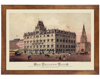 May include: A vintage lithograph depicting the Odd Fellows Hall in Boston, Massachusetts. The building is a large, ornate structure with a prominent tower and a clock face. The image is dated June 13, 1873.