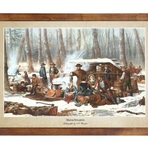 Maple Sugaring, 1856; 24x36 inch print reproduced from a vintage lithograph by Nathaniel Currier