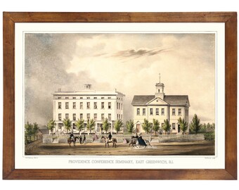 May include: A vintage lithograph depicting the Providence Conference Seminary in East Greenwich, Rhode Island. The image shows two white buildings with a row of trees in front of them. People are riding horses and walking in front of the buildings.