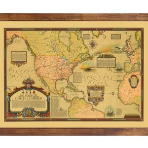 Charles A. Lindbergh Flight Map, 1928; 24x36 inch print reproduced from a vintage lithograph