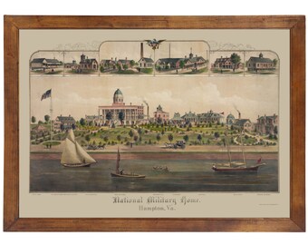 May include: A vintage lithograph depicting the National Military Home in Hampton, Virginia. The image shows a large complex of buildings with a central dome, surrounded by trees and a river. Two sailboats are in the foreground, and the text "National Military Home, Hampton, Va." is printed below the image.