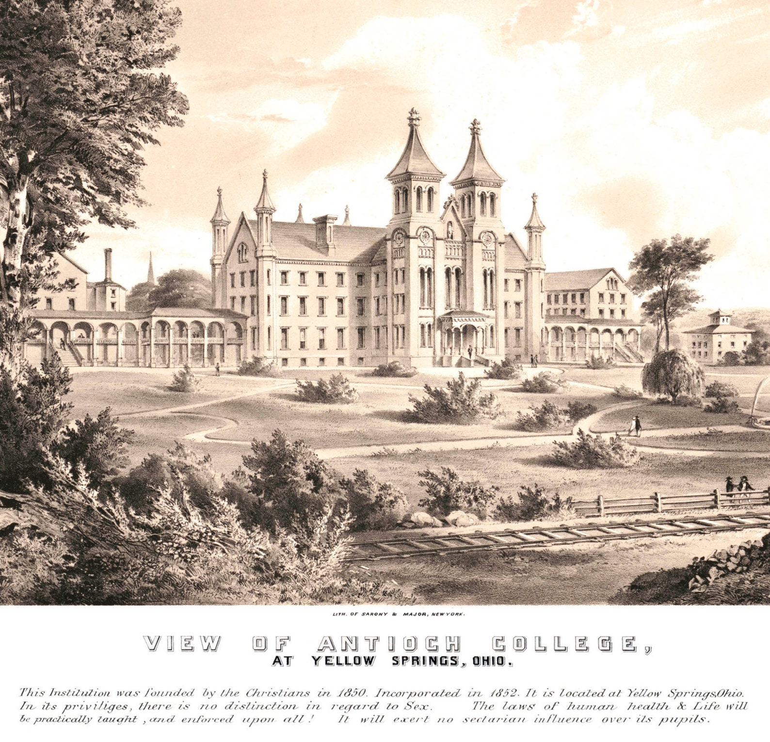 Antioch College, Yellow Springs OH, 1800s 24x36 Inch Print Reproduced From a Vintage Lithograph