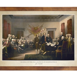 May include: A painting depicting the signing of the Declaration of Independence by the Founding Fathers. The painting is set in a room with a large table in the center. The men are standing around the table, some signing the document, while others are looking on. The painting is titled "Signing of the Declaration of Independence" by John Trumbull.