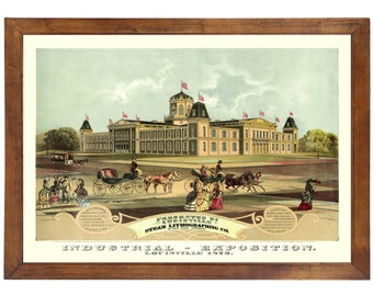May include: A vintage lithograph depicting the Industrial Exposition in Louisville, Kentucky in 1875. The image shows a large building with a central dome and several smaller buildings surrounding it. There are people and horse-drawn carriages in the foreground.