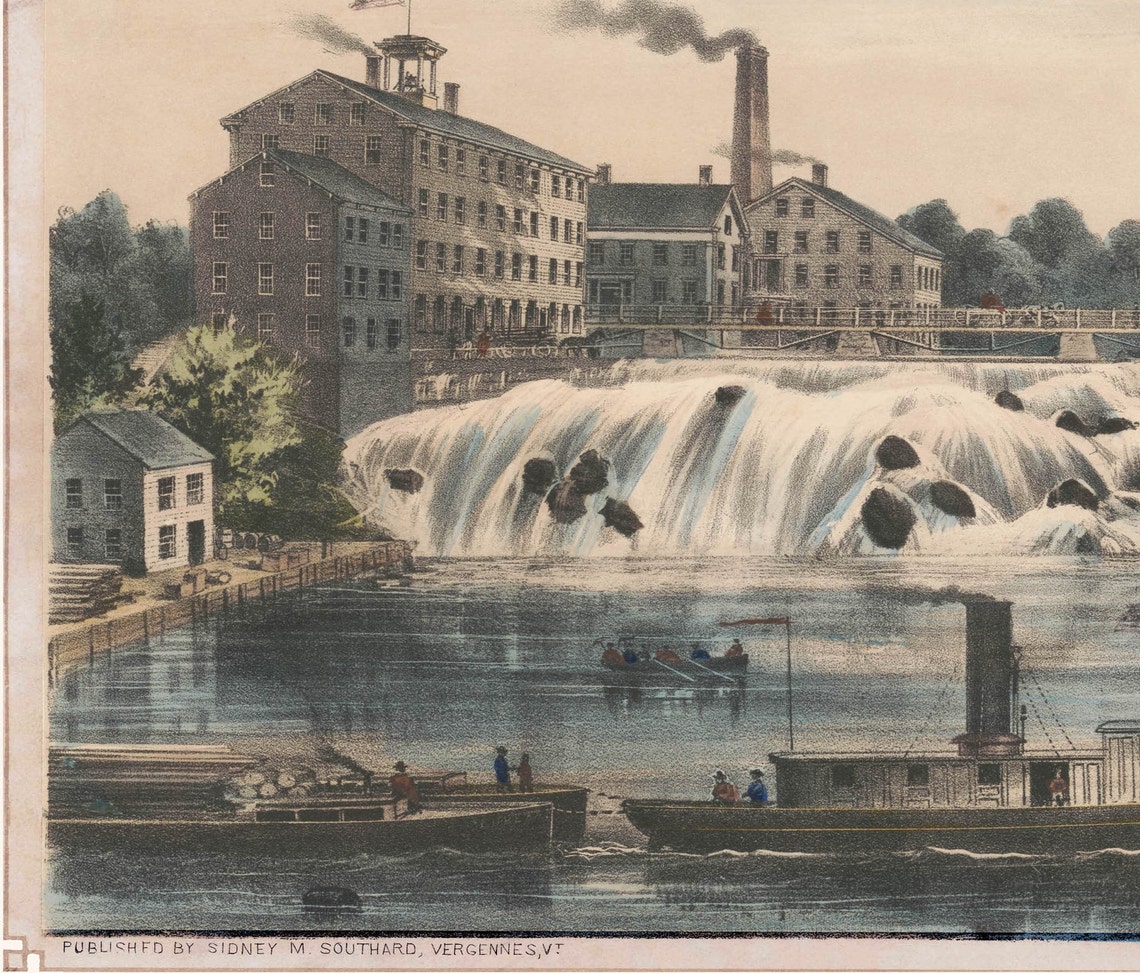 Vergennes Falls VT 1800s 24x36 inch print reproduced from a Etsy