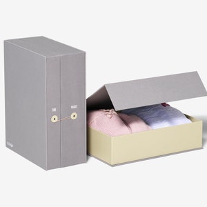 Baby Keepsake Vault & Overflow Box Gift Set (2 pieces) | Fabric Linen Memory Box with labels + Box w/ Adjustable Dividers | Baby Shower Gift
