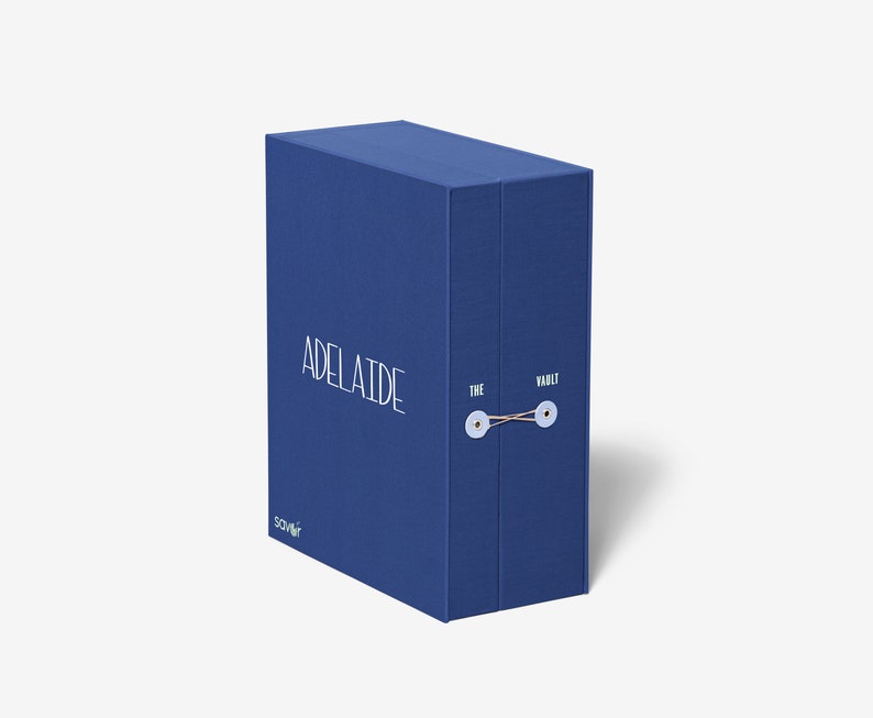 May include: A blue box with the text "ADELAIDE" and "THE VAULT" printed on it. The box is tied with a string and has a white label with the word "SCAVENGER" on it.