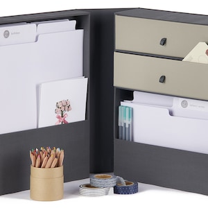 All-in-One Desk Organizer: The Vault WFH Desk Organizer Includes 52 labels, 10 folders, 2 drawers, and 2 caddies Gray