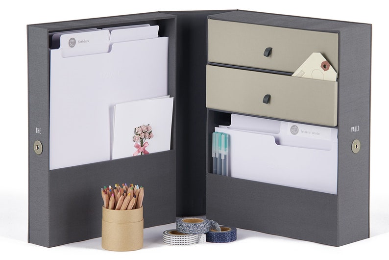 All-in-One Desk Organizer: The Vault WFH Desk Organizer Includes 52 labels, 10 folders, 2 drawers, and 2 caddies Gray