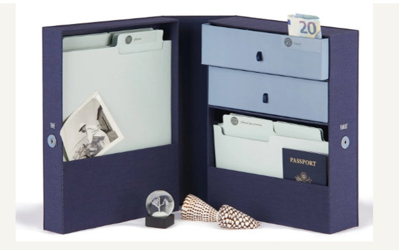 All-in-One Desk Organizer: The Vault WFH Desk Organizer Includes 52 labels, 10 folders, 2 drawers, and 2 caddies Blue