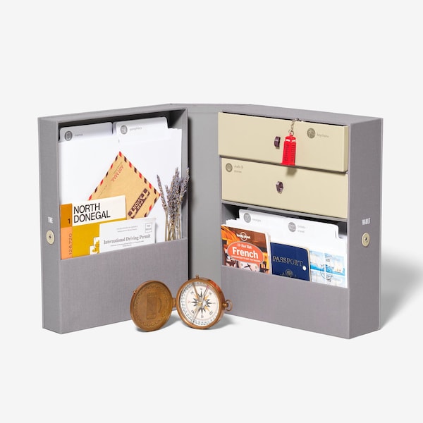Travel Keepsake Box | Travel Memory box for storing trip mementos, maps, fits journal, photo album | Linen box w/ 52 labels for customizing