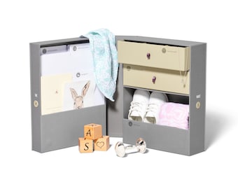 The Vault Baby Keepsake Box | Mother's Day | Newborn + First birthday | Linen memory Box with labels for customizing + files and drawers