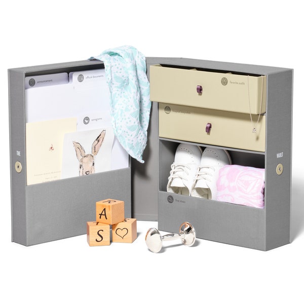 Linen Baby Keepsake Box | Memory Box with Labels & Drawers