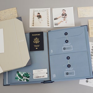 May include: A blue and beige organizer with multiple pockets and compartments. The organizer has a label that says "Savoir" and is filled with various items, including a passport, photos, and cards.