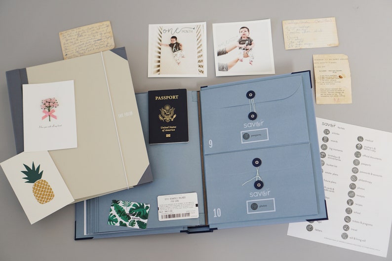 May include: A blue and beige organizer with multiple pockets and compartments. The organizer has a label that says "Savoir" and is filled with various items, including a passport, photos, and cards.