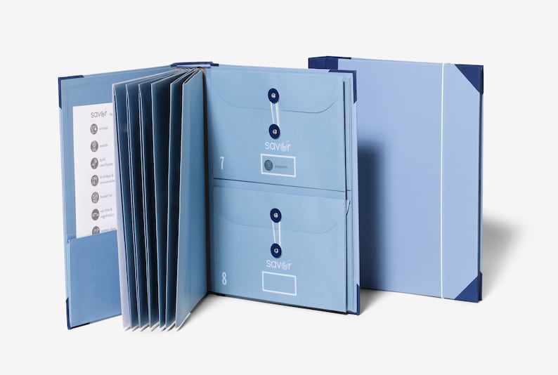 May include: A light blue folder with multiple pockets and a Saviler logo. The folder is open to reveal a series of envelopes with the Saviler logo and numbered tabs.