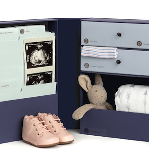 May include: A navy blue keepsake box with a light blue interior. The box has a drawer with a label that says "first spoon" and another drawer with a label that says "first teeth". The box also has a shelf with a label that says "hospital keepsakes". The box is open and there is a stuffed bunny rabbit, a baby blanket, and a pair of pink baby shoes inside.