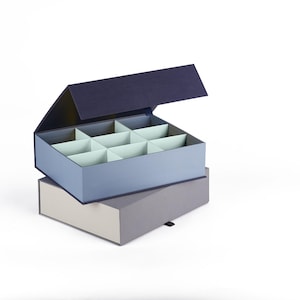 May include: A blue and gray box with a lid that opens to reveal a compartmentalized interior. The box is divided into eight sections, each with a light green lining.