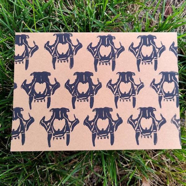 Mountain Lion Skull Tessellation Print Card | Animal Block Print Card | Handmade Art Card | Skull Card | Bones Card | Halloween Card