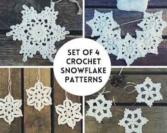 CROCHET PATTERN - Set of 4 Patterns Festive, Pretty, Dainty, Puff Snowflake Ornaments Christmas Decorations Written Pattern PDF