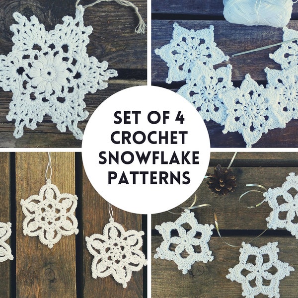 CROCHET PATTERN - Set of 4 Patterns Festive, Pretty, Dainty, Puff Snowflake Ornaments Christmas Decorations Written Pattern PDF | English
