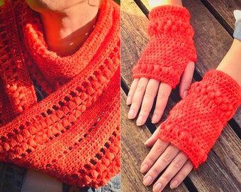 CROCHET PATTERN Set - Spiced Autumn Infinity Scarf and Wrist Warmers Fingerless Gloves Mittens Written Pattern Tutorial PDF | English