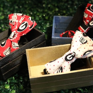 May include: Three bow ties in wooden boxes. The bow ties are made of fabric with a red, white, and black color scheme. The bow ties feature a college logo and the letters "UG".