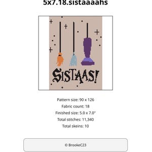 May include: A cross-stitch pattern featuring three hanging cleaning tools: an orange broom, a light blue mop, and a purple vacuum cleaner. The text SISTAAS! is printed in black below the tools, surrounded by small black plus signs and dots on a grid.