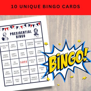 May include: A printable bingo card with a red, white, and blue theme. The card features the names of past U.S. presidents, including George H.W. Bush, James Garfield, John Tyler, Benjamin Harrison, Rutherford B. Hayes, Lyndon B. Johnson, Harry S. Truman, Jimmy Carter, Donald Trump, John F. Kennedy, Calvin Coolidge, Bill Clinton, George W. Bush, Abraham Lincoln, James Monroe, William Harrison, John Quincy Adams, Richard Nixon, Howard Taft, Thomas Jefferson, Gerald Ford, Ulysses S. Grant, Franklin D. Roosevelt, and James Madison. The card also includes a free space in the center.