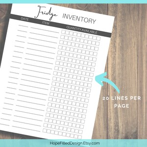 May include: Printable fridge inventory list with 20 lines per page. The list has columns for date, item, and quantity available. The quantity available column has a grid of squares for checking off items.