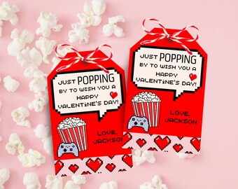 Popcorn Valentine's Day Tags Printable, Video Game Valentines, Popcorn Tags, Editable Gamer Valentines, Boy Girl Classroom Valentines