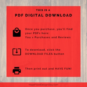 May include: Red background with white text that says "THIS IS A PDF DIGITAL DOWNLOAD".  There are three icons: a shopping bag, a download arrow, and a printer.  The text below the icons explains how to download and print the digital files.