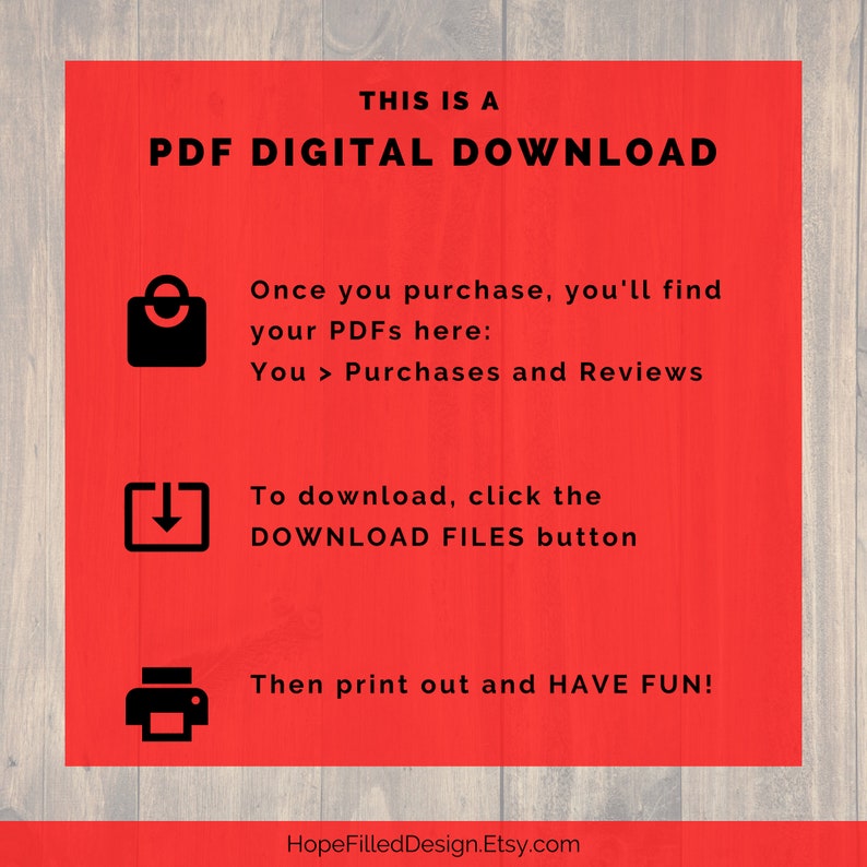 May include: Red background with white text that says "THIS IS A PDF DIGITAL DOWNLOAD".  There are three icons: a shopping bag, a download arrow, and a printer.  The text below the icons explains how to download and print the digital files.