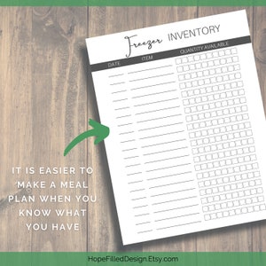 May include: A printable freezer inventory list with columns for date, item, and quantity available. The text "It is easier to make a meal plan when you know what you have" is printed below the table.