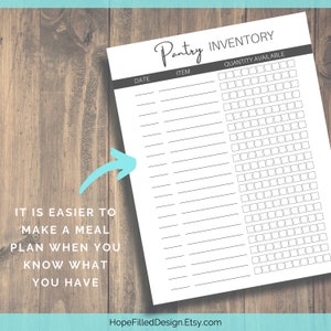 May include: A printable pantry inventory checklist with columns for date, item, and quantity available. The checklist is designed to help you keep track of your pantry items and make meal planning easier. It is a black and white printable sheet with the text "Pantry Inventory" at the top.