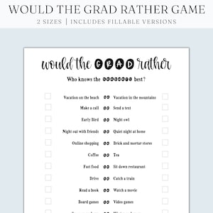 Editable Would the Grad Rather Printable Graduation Games, This or That, Grad Party Ideas, Would you Rather, Fillable PDF, Digital Download