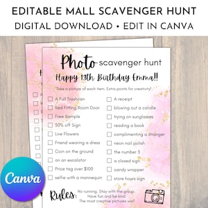 Editable Photo Scavenger Hunt for Teens, Mall Scavenger Hunt, Scavenger Hunt Birthday, Teen Scavenger Hunt, Canva Template, Digital Download