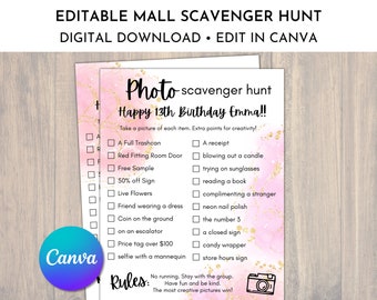 Editable Photo Scavenger Hunt for Teens, Mall Scavenger Hunt, Scavenger Hunt Birthday, Teen Scavenger Hunt, Canva Template, Digital Download