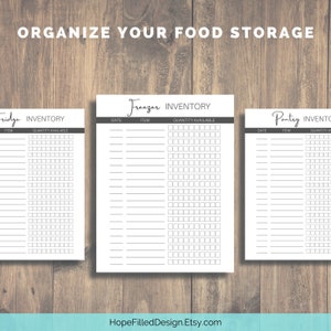 May include: Three printable food inventory lists for refrigerator, freezer, and pantry. Each list has columns for date, item, and quantity available.
