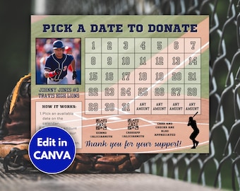 Editable Pick a Date to Donate Baseball Fundraiser, Fundraising Calendar, Fundraiser Ideas, Pay The Date, Clear the Board, Black Out