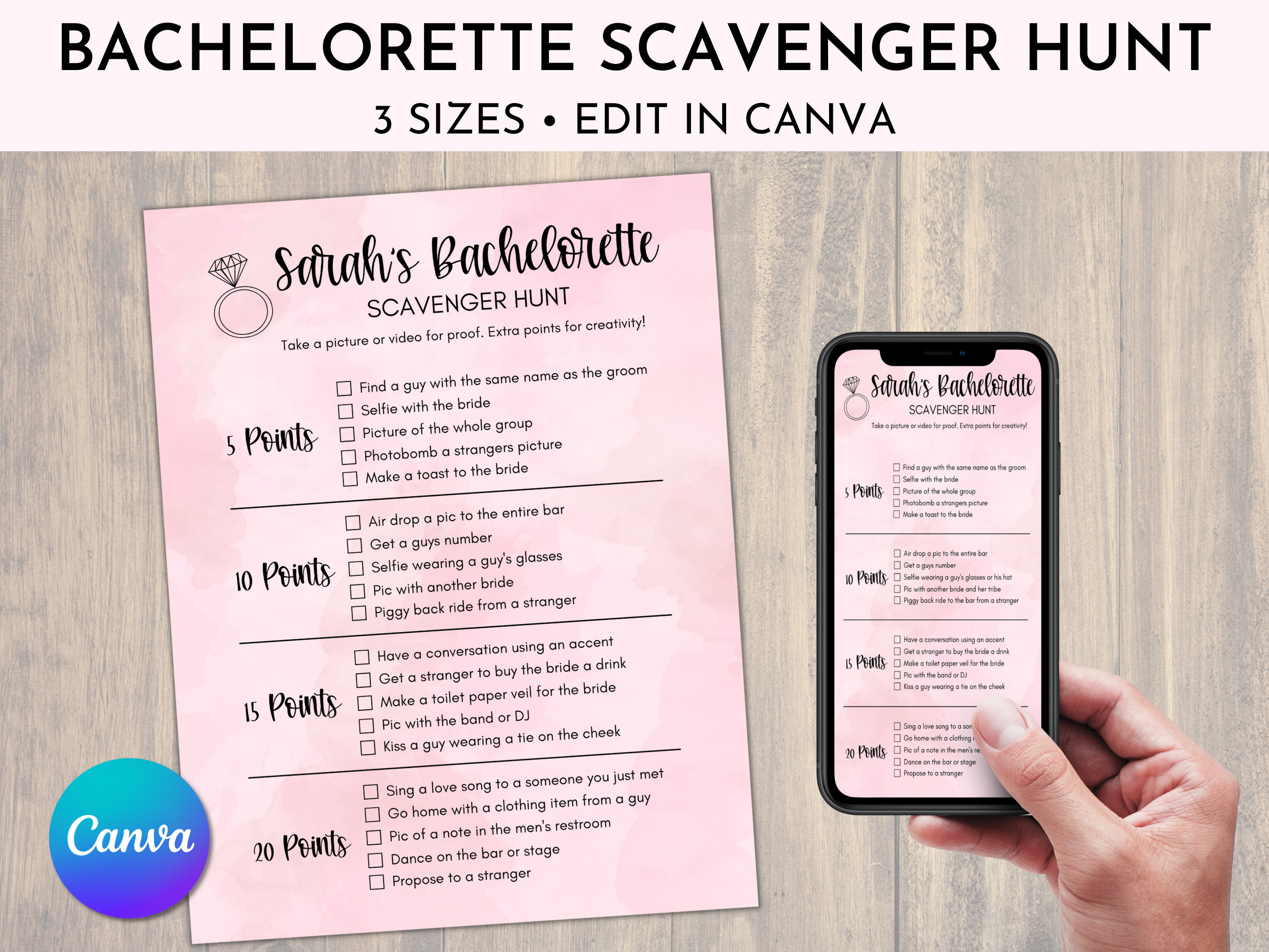 Editable Bachelorette Photo Scavenger Hunt, Bar Scavenger Hunt, Selfie Canva Template, Digital Download