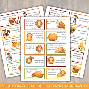 May include: Thirty printable cards with fall-themed jokes for kids. Each card features a colorful illustration and a question and answer. The cards are perfect for adding a little fun to lunchboxes or for use as a classroom activity.