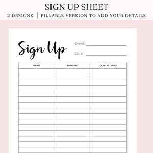 Editable Sign Up Sheet, Potluck sign up, Snack Sign Up Sheet, Food Sign Up Sheet, Fillable PDF, Digital Download image 1
