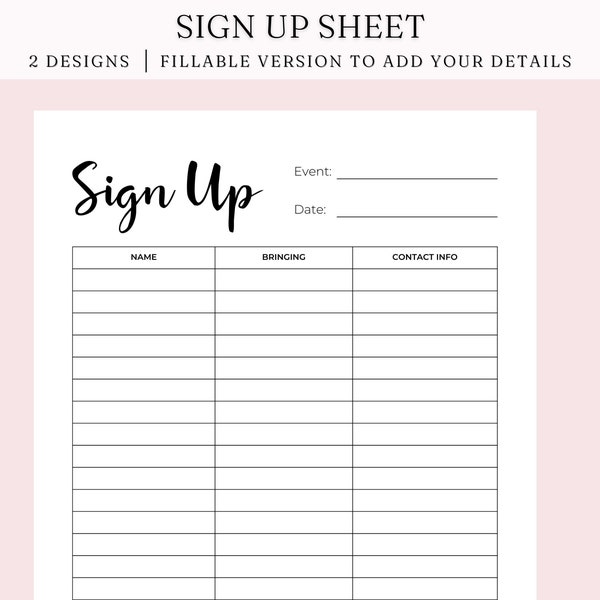 Editable Sign Up Sheet, Potluck sign up, Snack Sign Up Sheet, Food Sign Up Sheet, Fillable PDF, Digital Download