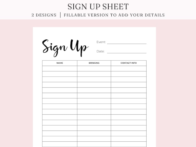 Editable Sign Up Sheet, Potluck sign up, Snack Sign Up Sheet, Food Sign Up Sheet, Fillable PDF, Digital Download image 1